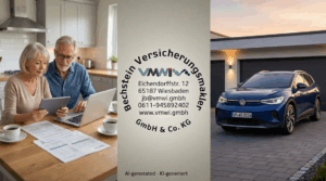 Versicherungsmakler Werbung mit Senioren und blauem Auto