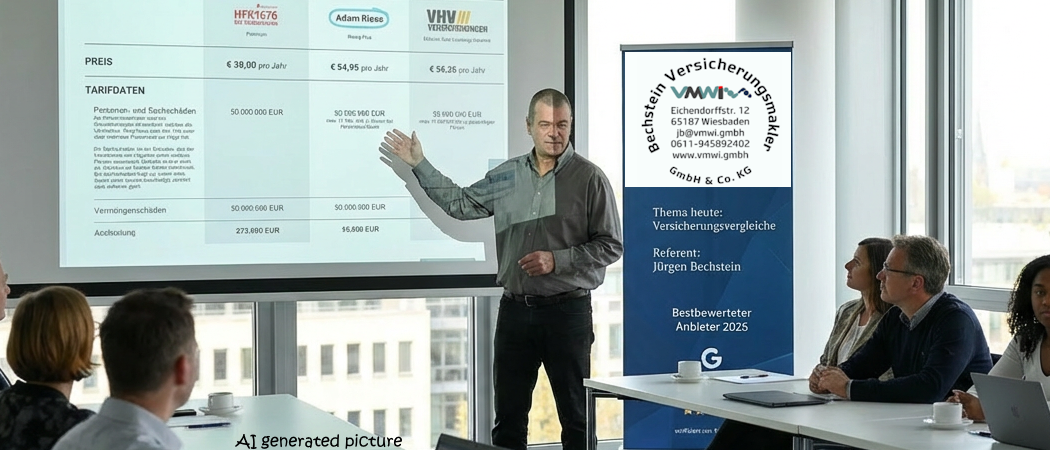 Mann präsentiert Versicherungsvergleich in Bürobesprechung