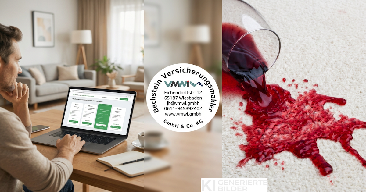 Mann vergleicht Versicherungen online, Rotwein verschüttet auf Teppich