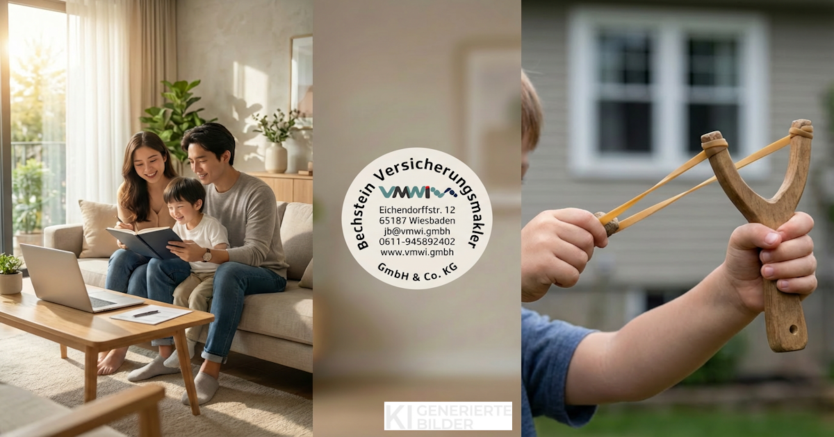 Familie zu Hause mit Laptop und Versicherungsmaklerlogo