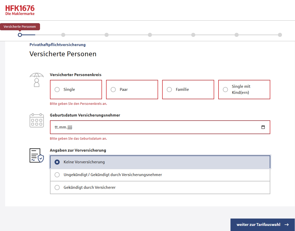 Formular für versicherte Personen in Haftpflichtversicherung