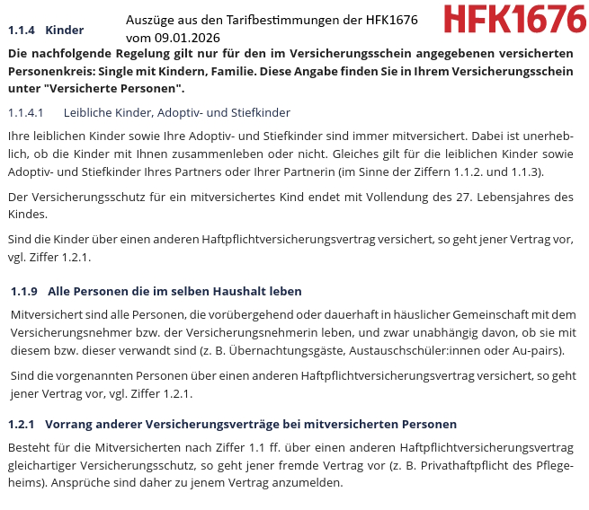 Auszug aus Versicherungsbedingungen HFK1676 zu Kindern und Haushalt