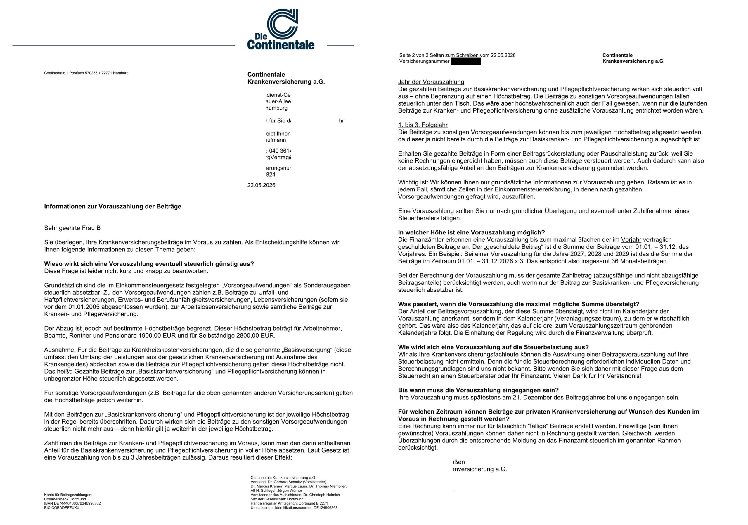 Schreiben zur Vorauszahlung von Krankenversicherungsbeiträgen