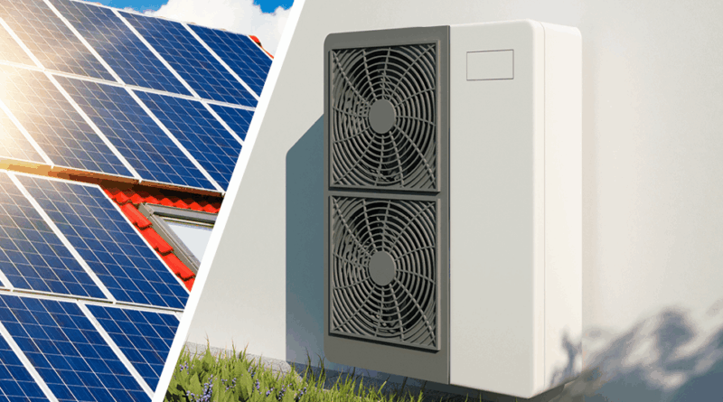 Solaranlage auf Dach neben moderner Wärmepumpe