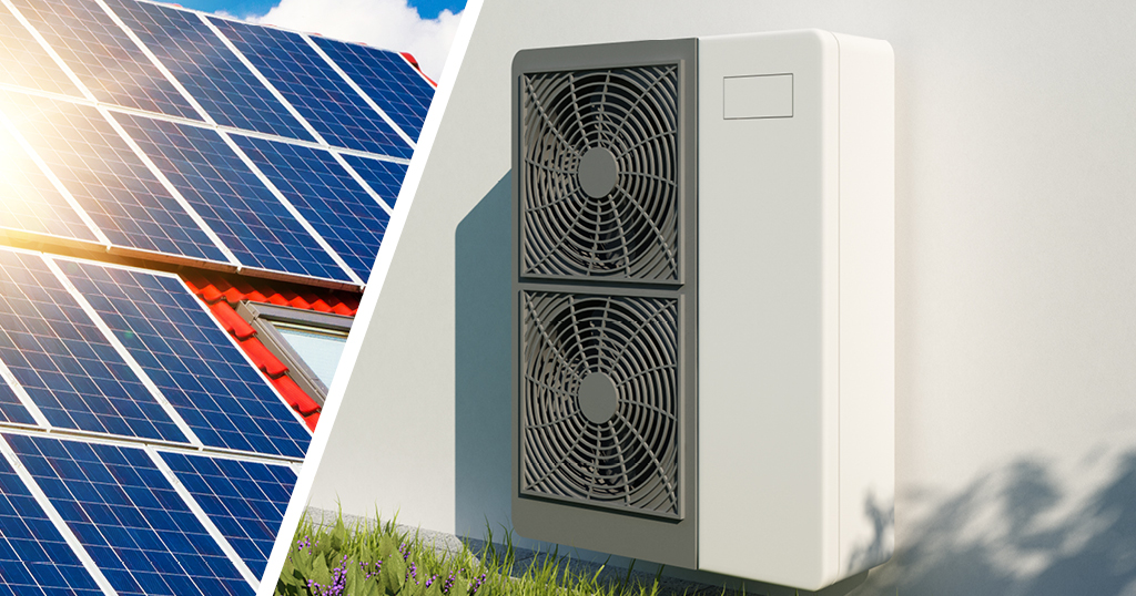 Solaranlage auf Dach neben moderner Wärmepumpe