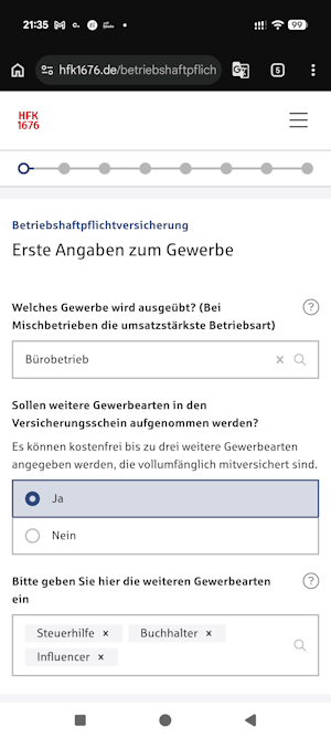 Betriebshaftpflicht mobil beantragen