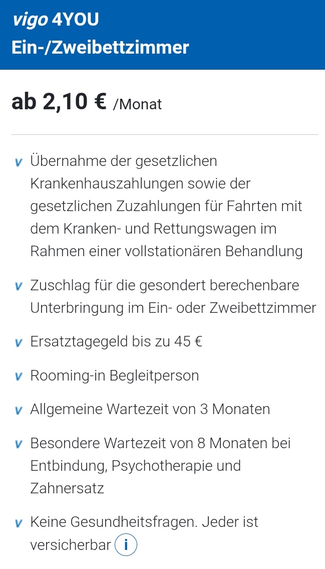 Krankenversicherung Ein- oder Zweibettzimmer ab 2,10 Euro